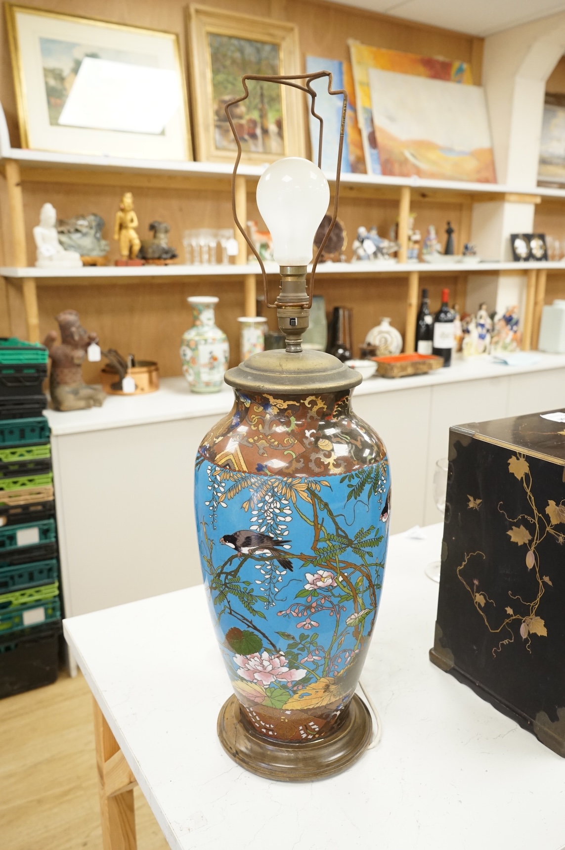 A large Japanese cloisonné enamel vase, Meiji period, converted to a table lamp, 44cm high excluding the fitting